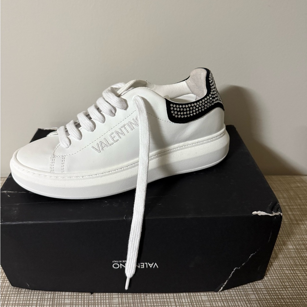 Valentino Women's White and Black Studded Sneakers